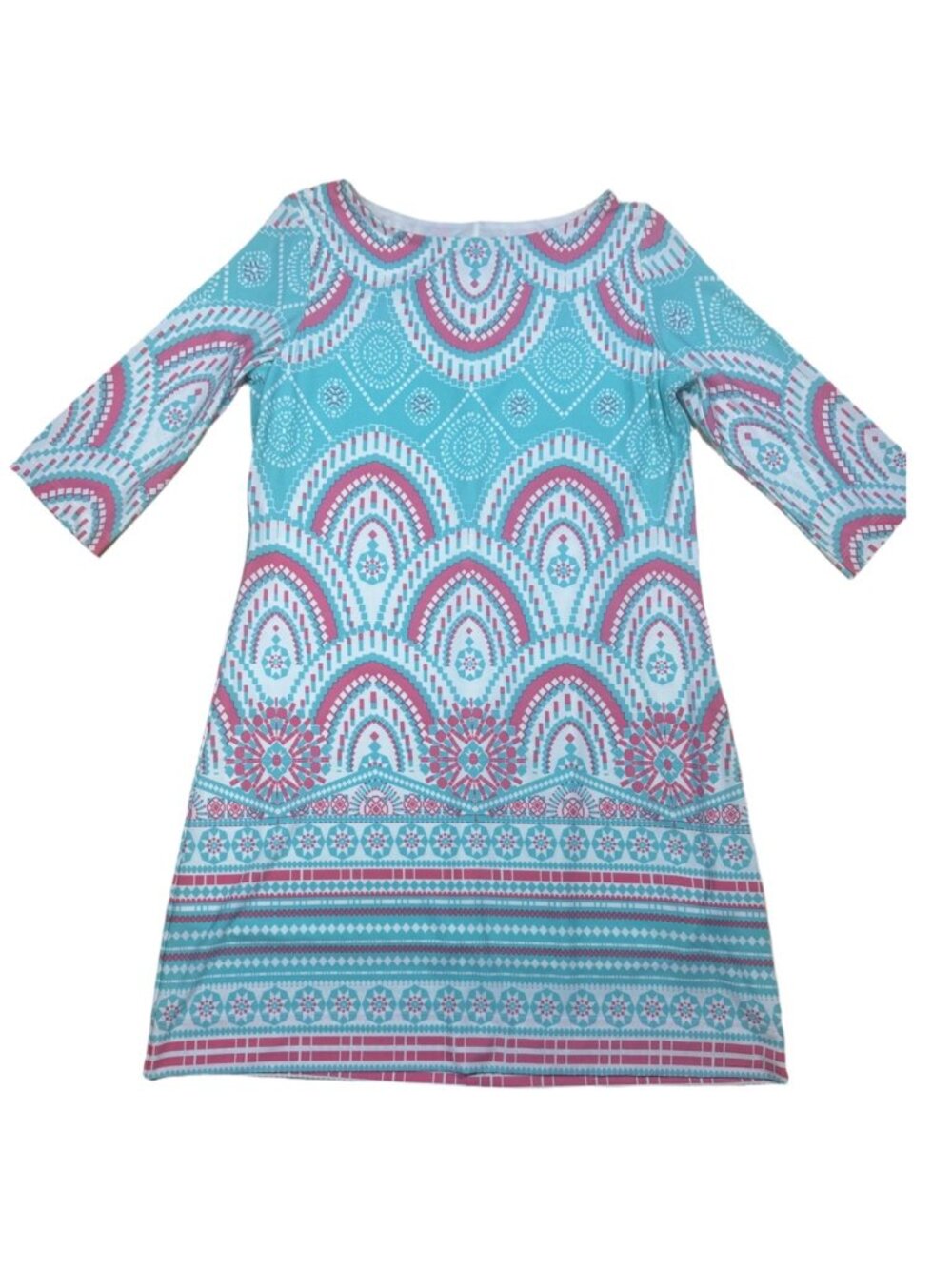 Just Taylor Shift Dress Women's 10P Teal Pink Medallion Boho 3/4 Sleeve Preppy